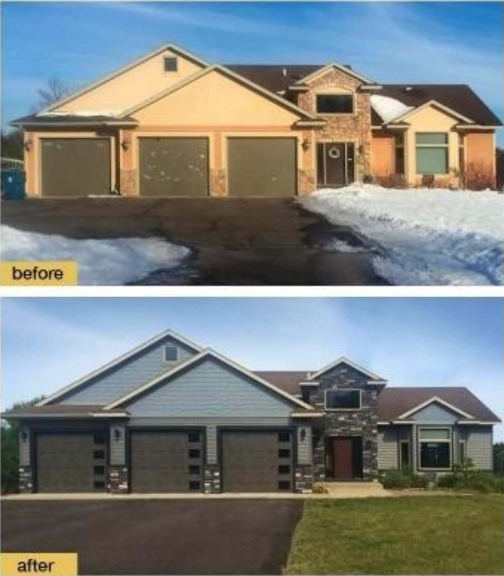 Before and after of a garage door replacement on a bungalow