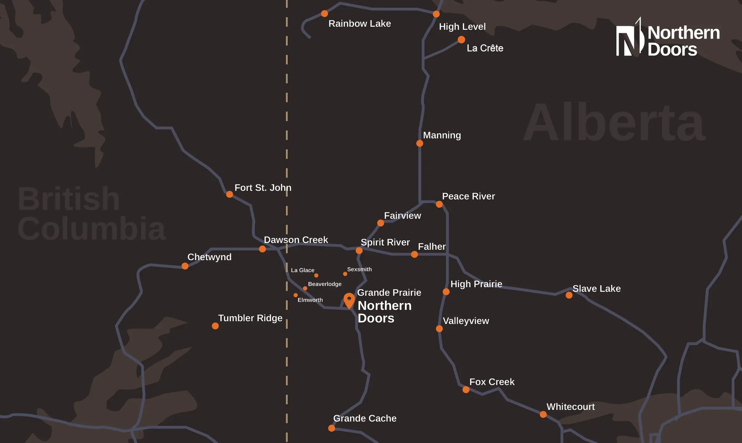 Map of the Northern Doors service area across the Peace Country, from Grande Prairie to High Level, La Crete and Whitecourt